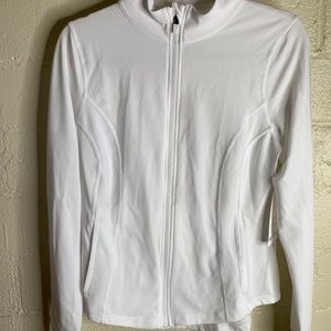 White ribbed light weight athletic jacket with pockets and thumb hole